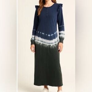 Z Supply Tie Dye Ruffle Long Sleeve Maxi Dress 100% Cotton Black Iris